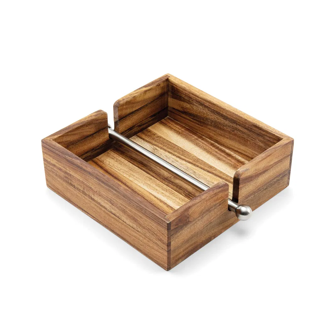 Acacia Wood Napkin Holder with Weighted Stainless Steel Center Bar