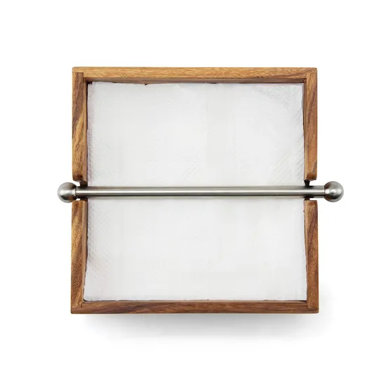 Acacia Wood Napkin Holder with Weighted Stainless Steel Center Bar