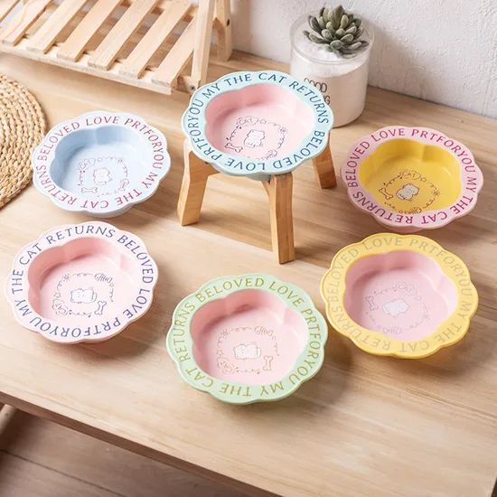 Flower - Edge Ceramic Cat Bowl Dog Food Bowl Feeding Bowl with High Wooden Rack
