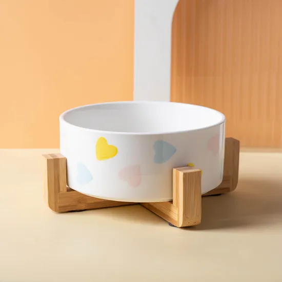 Ceramic Pet Dog Cat Bowl with Bamboo Wooden Base