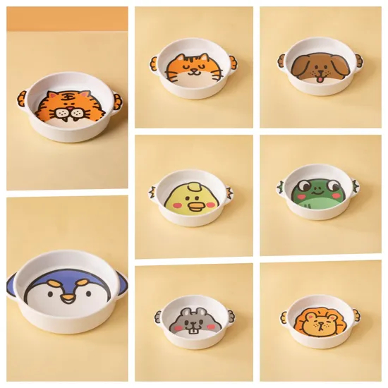 Korean Style Ceramic Dog Bowl and Cat Food Bowl with Magical Animal Double - Ear and Bamboo Stand