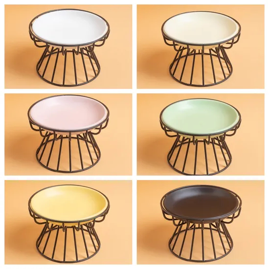 Metal High-Foot Neck-Protecting Ceramic Pet Water Bowl for Cats and Dogs