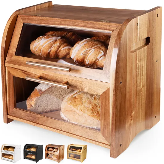 Large Double Acacia Wooden Bread Box Container Storage for Kitchen