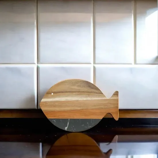 Fish Shape Black Marble and Wooden Chopping Board for Fruit / Snack