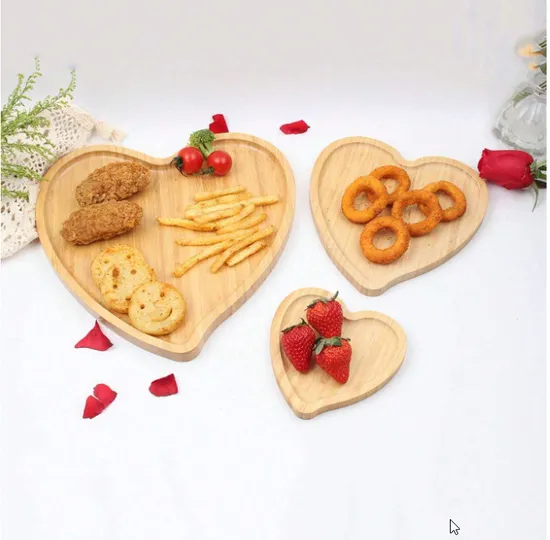Wholesale Heart Shaped Bamboo Serving Tray Dessert Plate Set for Home