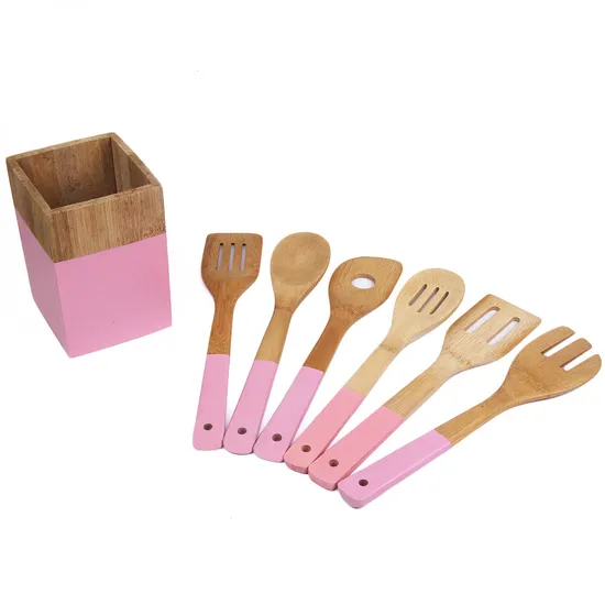 Pink Color Bamboo Cooking Utensils Set Wood Kitchen Tools Set with Holder