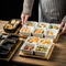 Bamboo Serving Tray with 6 -Compartments Ceramic Serve Bowl Dishes