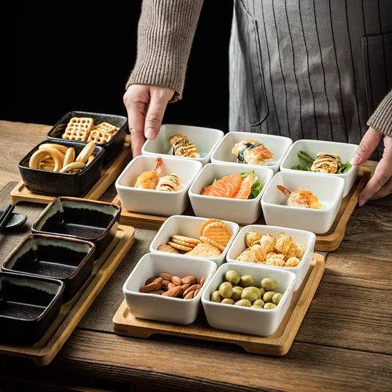 Bamboo Serving Tray with 6 -Compartments Ceramic Serve Bowl Dishes