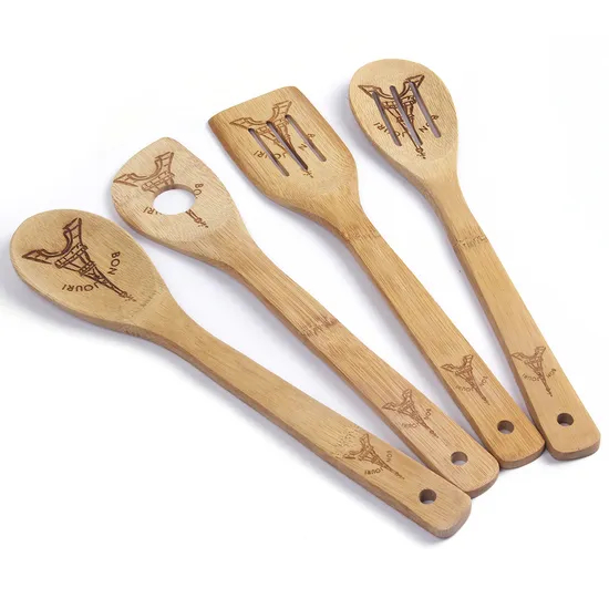 Custom Lasered Bamboo Slotted Spoon and Spatula for Kitchen