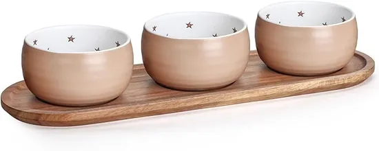 Chips and DIP Set Acacia Wood Serving Tray with 3 Round Ceramic Bowls
