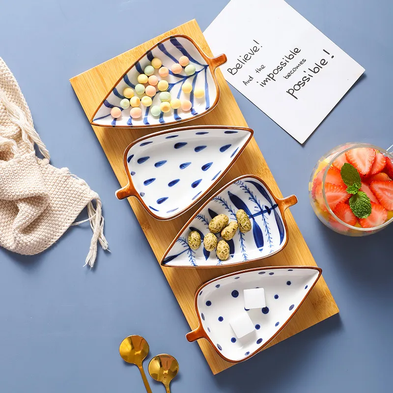 Bamboo Serving Platter with 2 Leaf Shape Ceramic Snack Plates