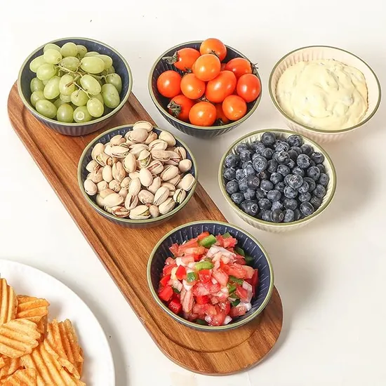 Acacia Wooden Tray with 3 Different - Color Ceramic Serving Bowls for Chip and DIP Set