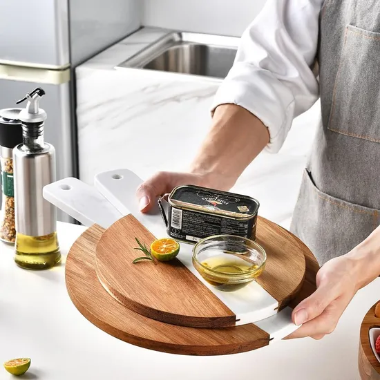 Patchwork Color Handheld Acacia Wood Marble Chopping Board for Steak, Bread, Fruit