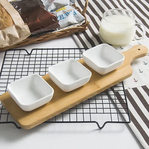 3-Piece Creative Ceramic Dish Plates with Bamboo Tray for Snacks/Nuts/Desserts