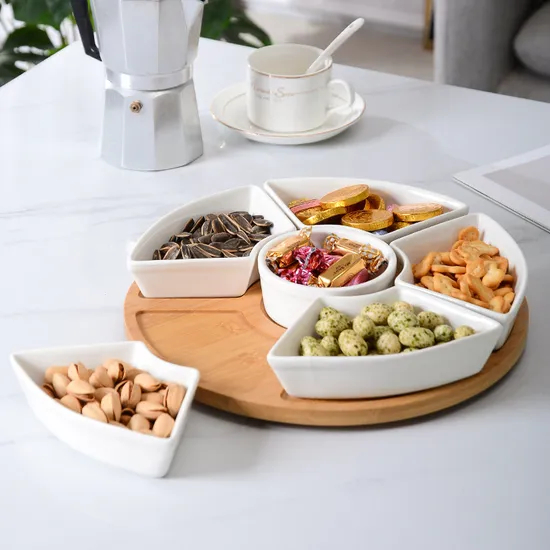 Rotating Ceramic Divided Serving Dish Bamboo Lazy Susan for Restaurant Fruit Appetizers