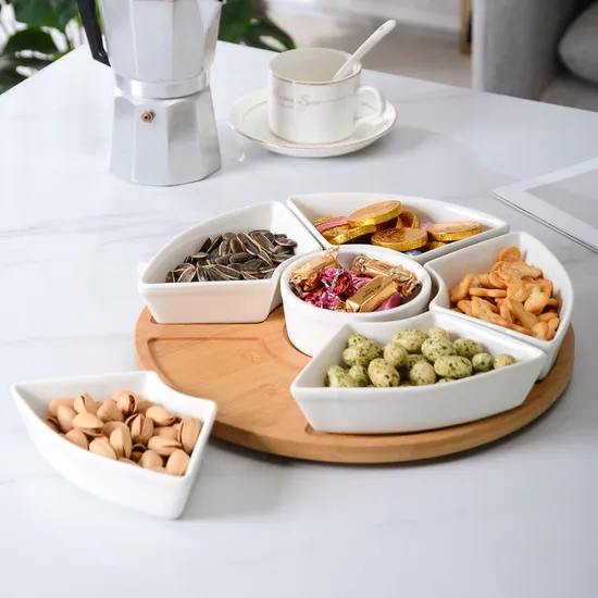 Rotating Ceramic Divided Serving Dish Bamboo Lazy Susan for Restaurant Fruit Appetizers