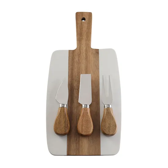 Marble and Acacia Wooden Serving Board with Cheese Knives Set and Handle