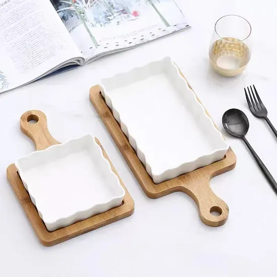 Vintage White Ceramic Cheese Snack Fruit Serving Tray with Bamboo Trivet for Baking