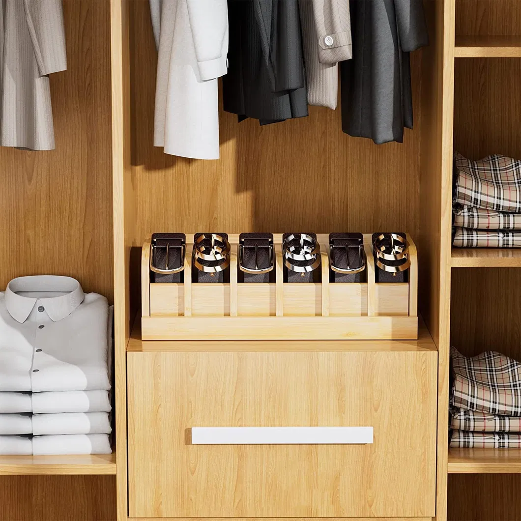 6-Grid Natural Bamboo Belt Organizer Box for Closet and Drawer
