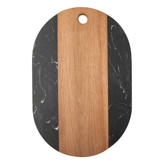 Oval Shape Acacia Wood and Marble Chopping Board with Hanging Hole