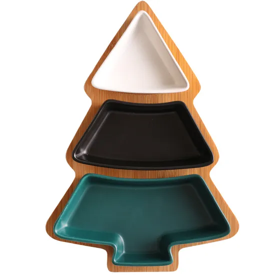 Christmas Tree - Shaped Bamboo Tree Tray with 3 White Removable Ceramic Snack Appetizer Plates
