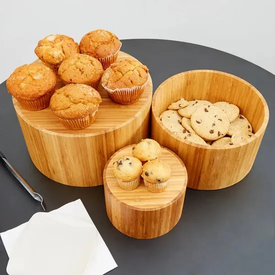 3 Piece Round Bamboo Food Display Riser Set Salad Bowl Set