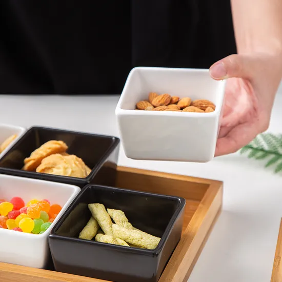 Bamboo Tray Ceramic Serving Dishes Platter Set