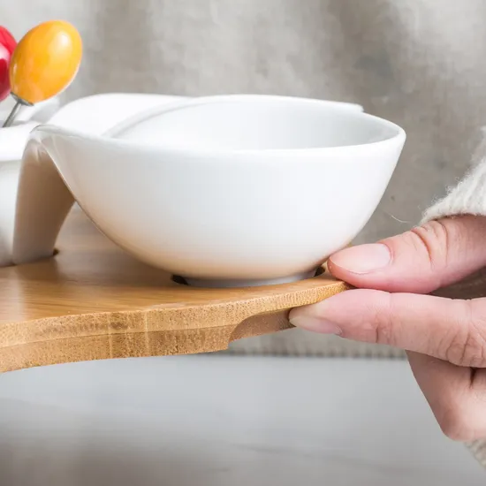 5-Grid Ceramic Salad Bowl & Sauce Dish with Bamboo Serving Tray for Afternoon Tea, Fruits, Desserts & Nuts