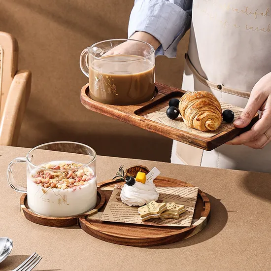Acacia Wood Dessert Charcuterie Serving Trays with Glass Cup for Breakfast
