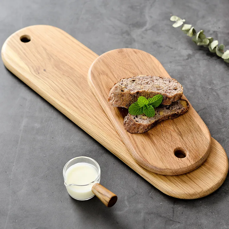Oval Shape Oak Wood Snack Cheese Charcuterie Sushi Serving Board with Hanging Hole