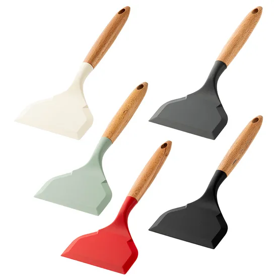 Beech Handle Non-Stick Wide Silicone Jade Burning and Frying Shovel for Kitchen