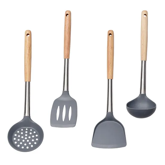 Food Grade Heat Resistant Silicone Kitchen Utensils Frying Cooking Shovel with Wooden Handle