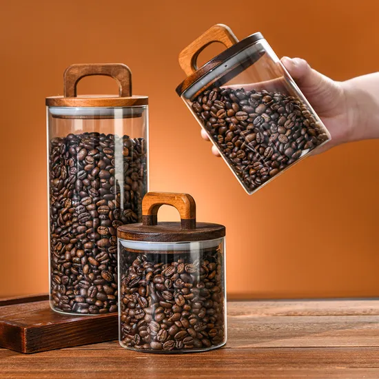 Heat Resistant Glass Coffee Storage Container Glass Jar with Bamboo Wooden Handle Lids