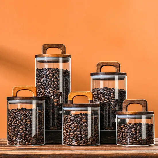 Functional Glass Food Containers Coffee Beans Storage Bottles with Acacia Wood Lid