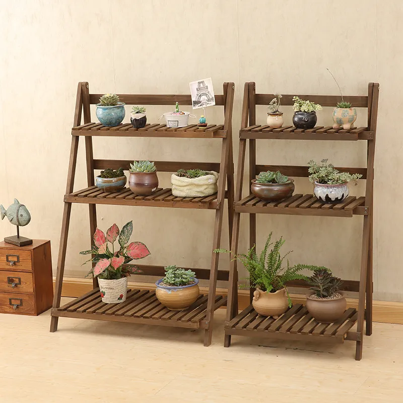 Foldable Solid Wood Flower Shelf with Four and Three Layers for Garden