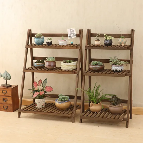 Foldable Solid Wood Flower Shelf with Four and Three Layers for Garden