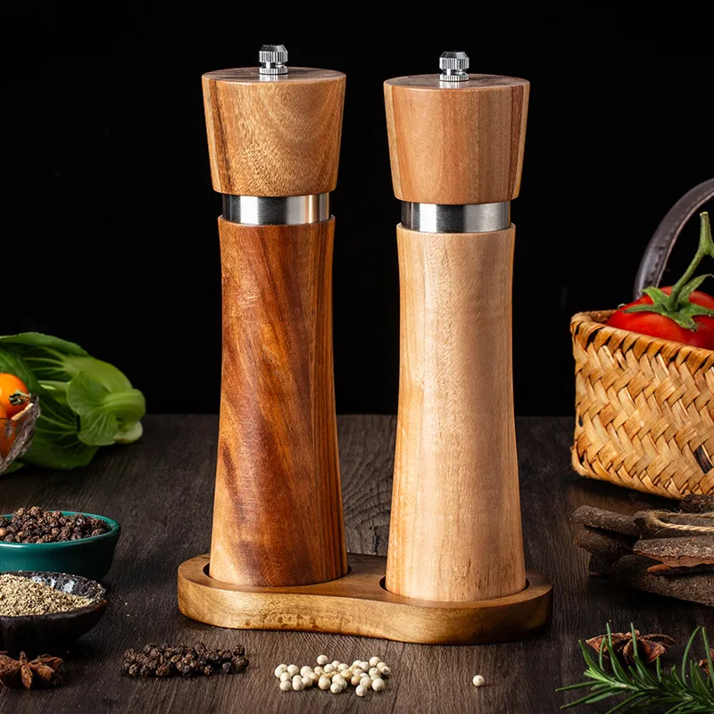 Manual Acacia Wood Pepper Grinder Spice Grinder with Stainless Steel Ring