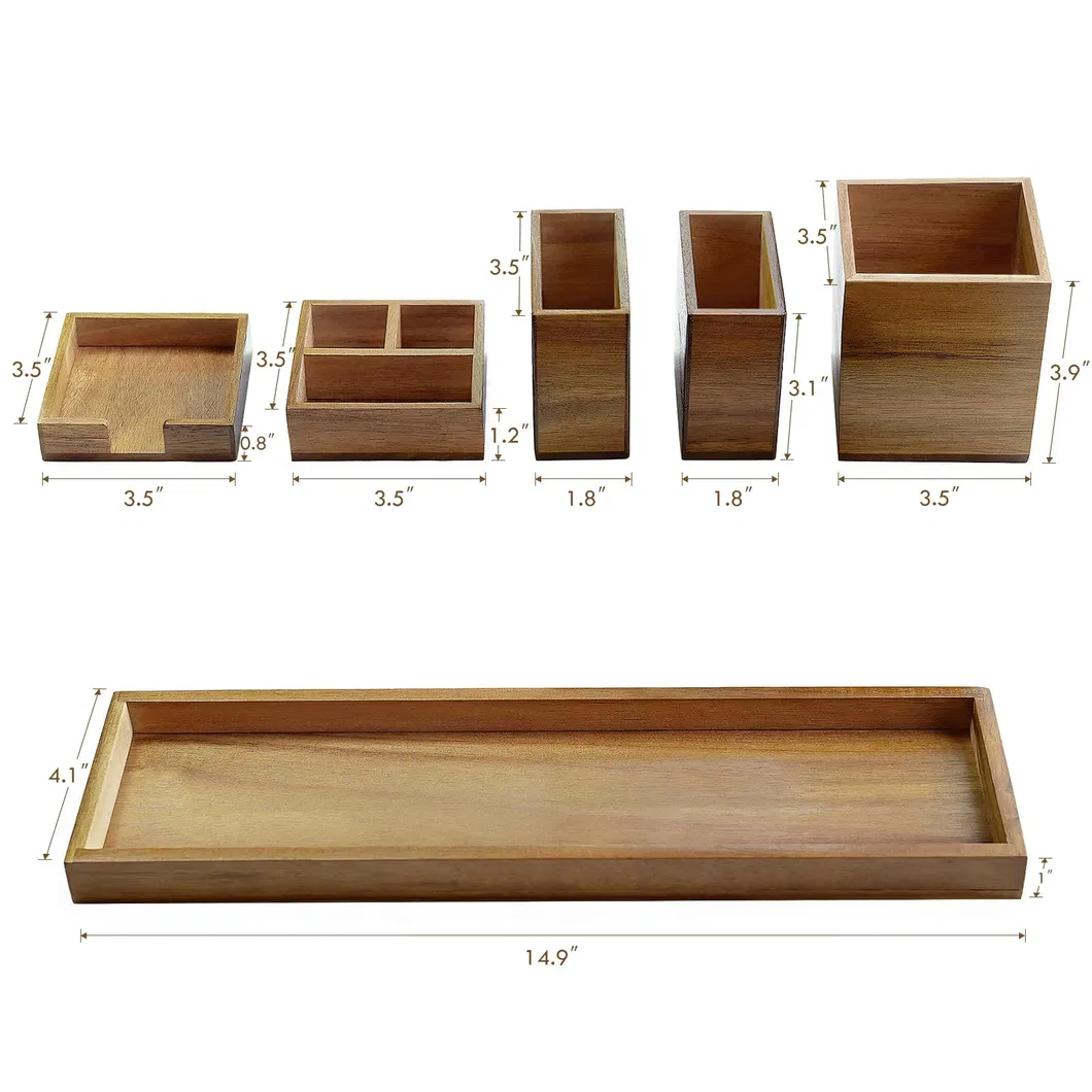 6-Piece Acacia Wood Vanity Tray Set/ Office Desk Organizer and Storage - Holds Small Items