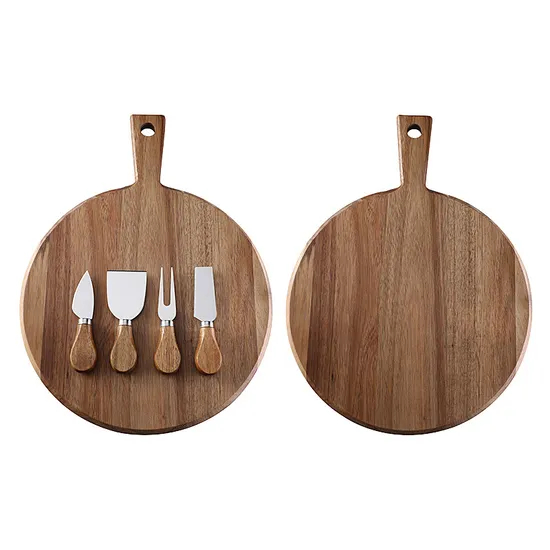 Round Shape Acacia Wood Charcuterie Appetizer Cheese Serving Board with Handles and Knives