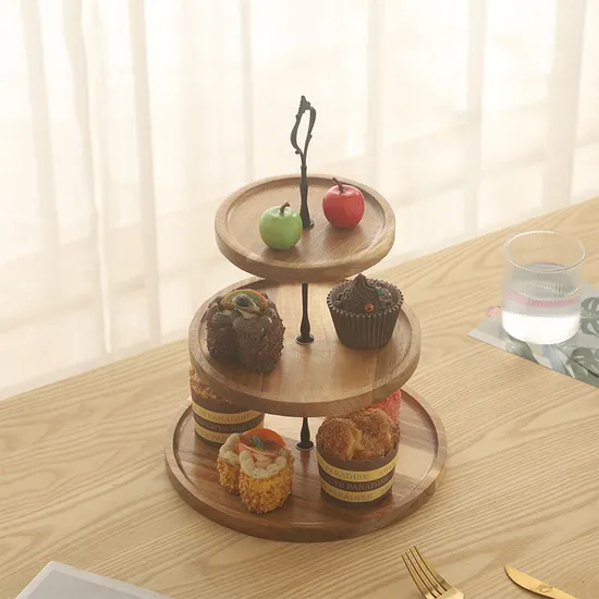 Sustainable 3 Tier Round Acacia Wood Serving Tray Wedding Cake Stand Dessert Display Stand