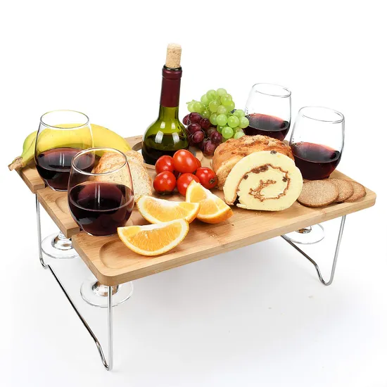 Foldable Lightweight Bamboo Wine Picnic Table Snack & Cheese Tray with 4 Wine Glasses Holder