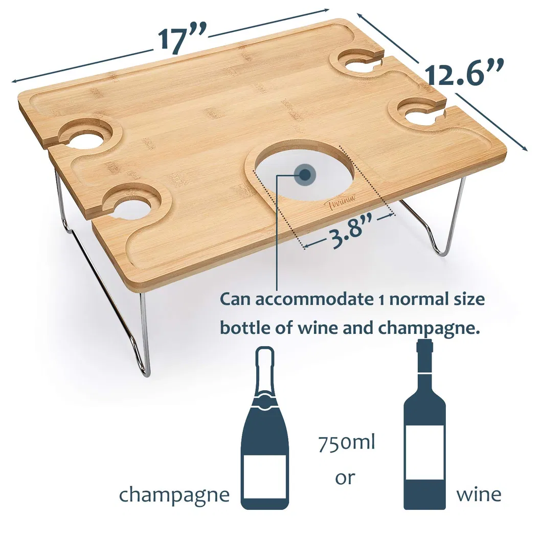 Foldable Lightweight Bamboo Wine Picnic Table Snack & Cheese Tray with 4 Wine Glasses Holder