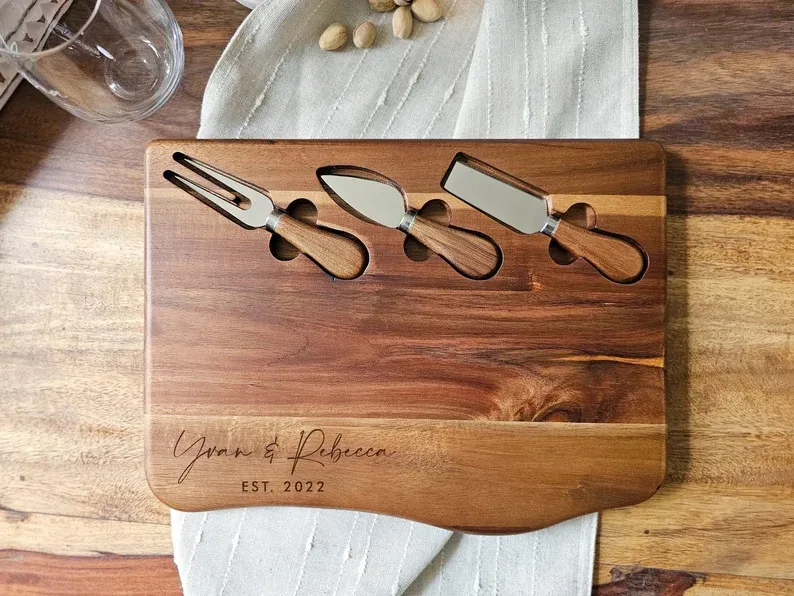 Live Edge Custom Engraved Wood Cutting Board Acacia Cheese Board with Knives Set