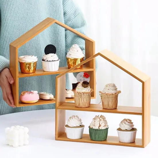 Manufacture House Shape 2 Tier Wood Cup Cake Stand Bamboo Cake Rack for Dessert