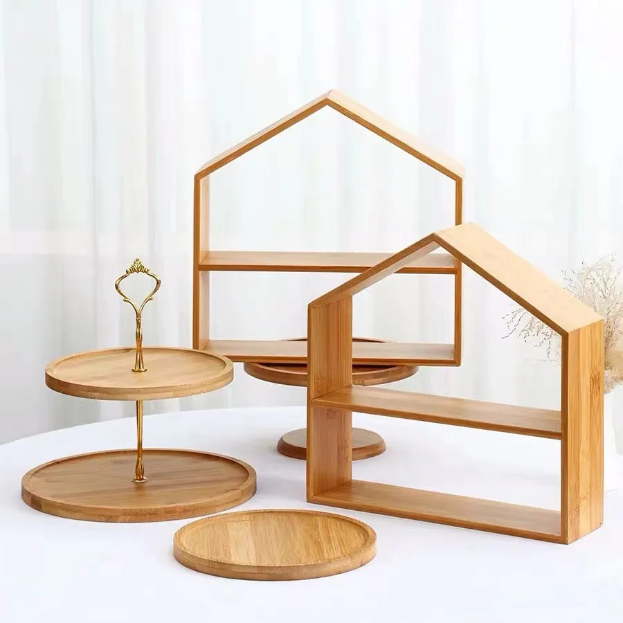 Manufacture House Shape 2 Tier Wood Cup Cake Stand Bamboo Cake Rack for Dessert