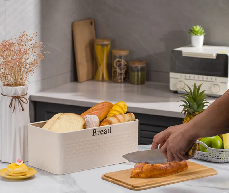 Rectangle Metal Bread Bin Bread Box Bread Holder Bread Storage Container with Wood Lid Grid