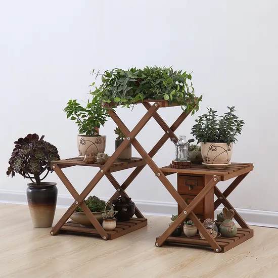 Movable and Fodable Triangular Wood Flower Shelf Plant Display Stand Outdoor Indoor