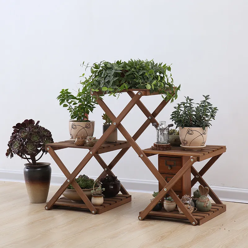 Movable and Fodable Triangular Wood Flower Shelf Plant Display Stand Outdoor Indoor