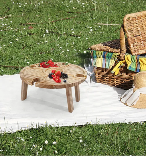 Portable Compact Solid Wood Camping Table Wine Picnic Table with Sturdy Legs