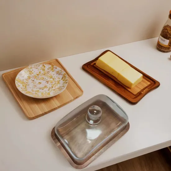 Rectangle Small Acacia Wooden Cake Stand with Glass Dome for Home Use